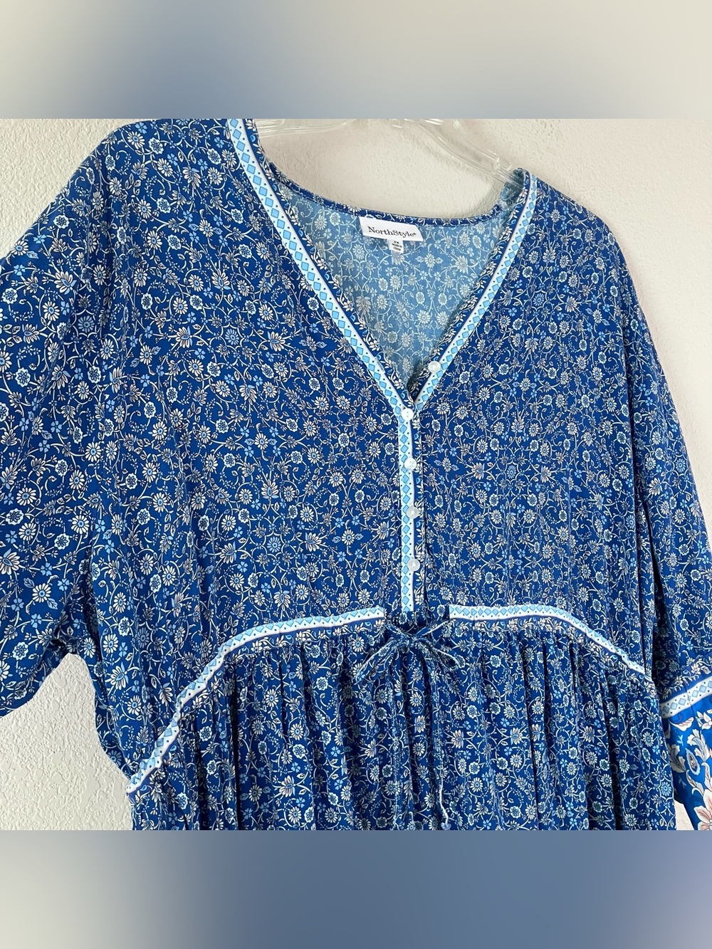 Plus Size Babydoll Peasant Tunic Dress 2X Ditsy Floral Boho Resort Festival Blue - Picture 3 of 10